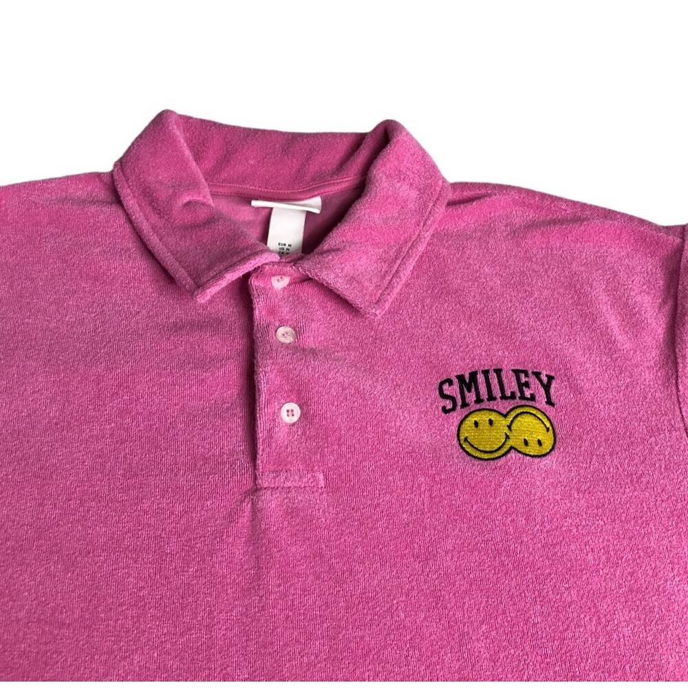 Smiley X H&M Polo Shirt Mens M Pink Terry Relaxed Fit Embroidered Preppy‎ Beach